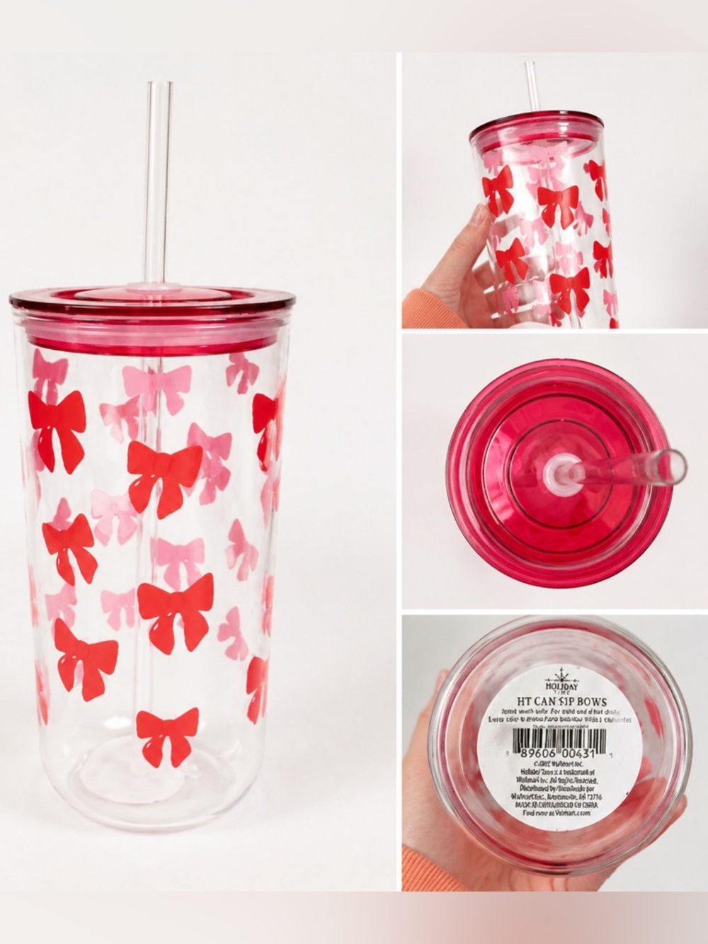 Holiday Time Pink and Red Bow Sip Tumbler with Straw NWT